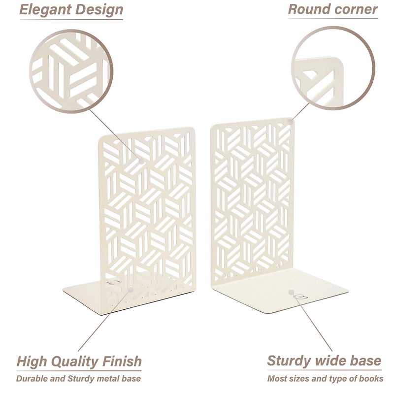 CNK Book Ends Bookends for Decorative Books Holder Bookend Shelves End Hold Heavy Duty Holders Stoppers Metal Stopper Cute Boho Bookshelf Holds Cookbook Office Home Set of 2 Bookends Pair White - Image 4